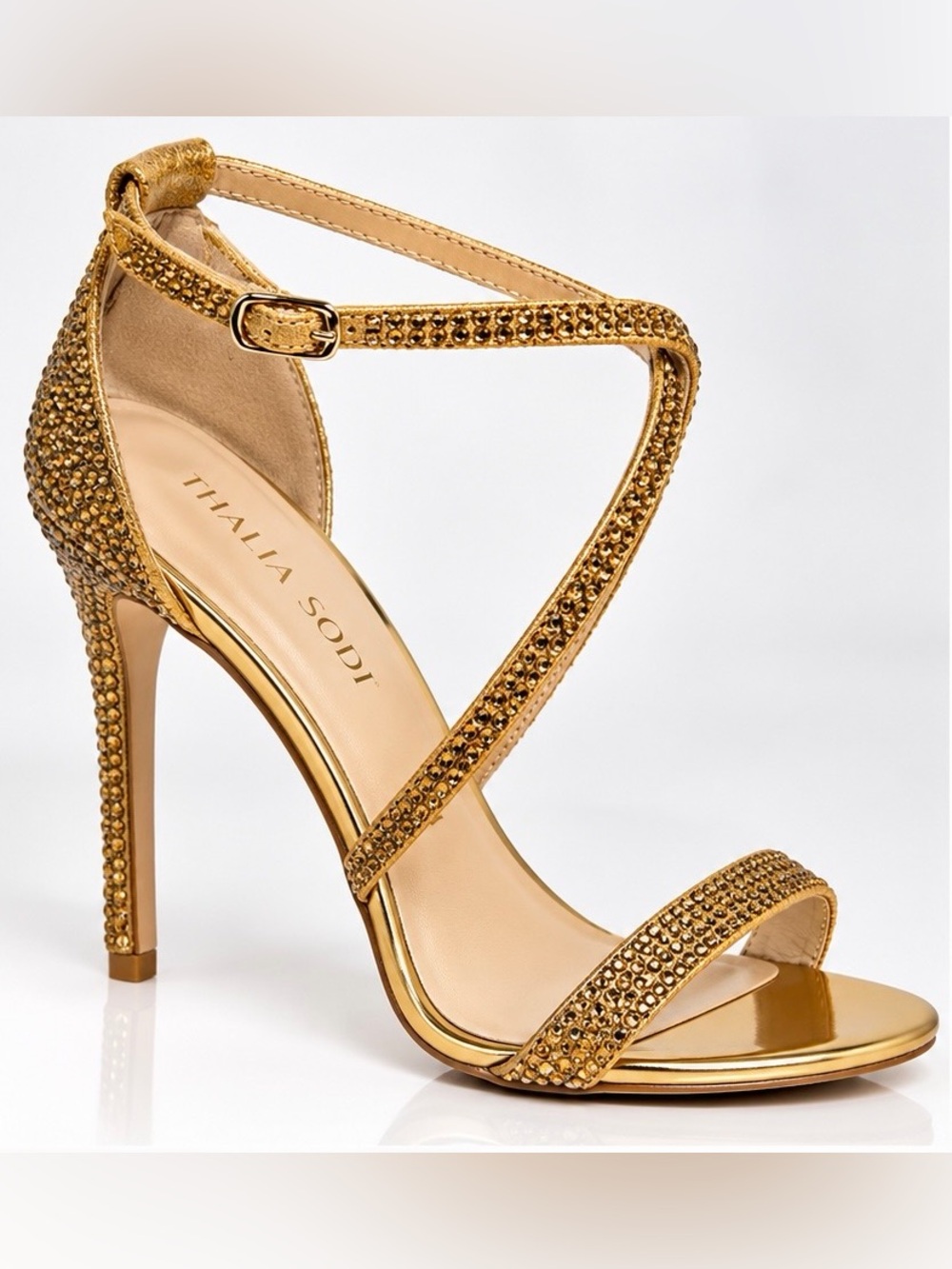 Thalia Sodi Gold Crystal Strappy Stiletto Sandals
